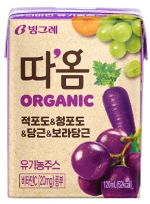 빙그레 따옴 오가닉 주스 적포도&청포도&당근&보라당근 120ml 제품 이미지